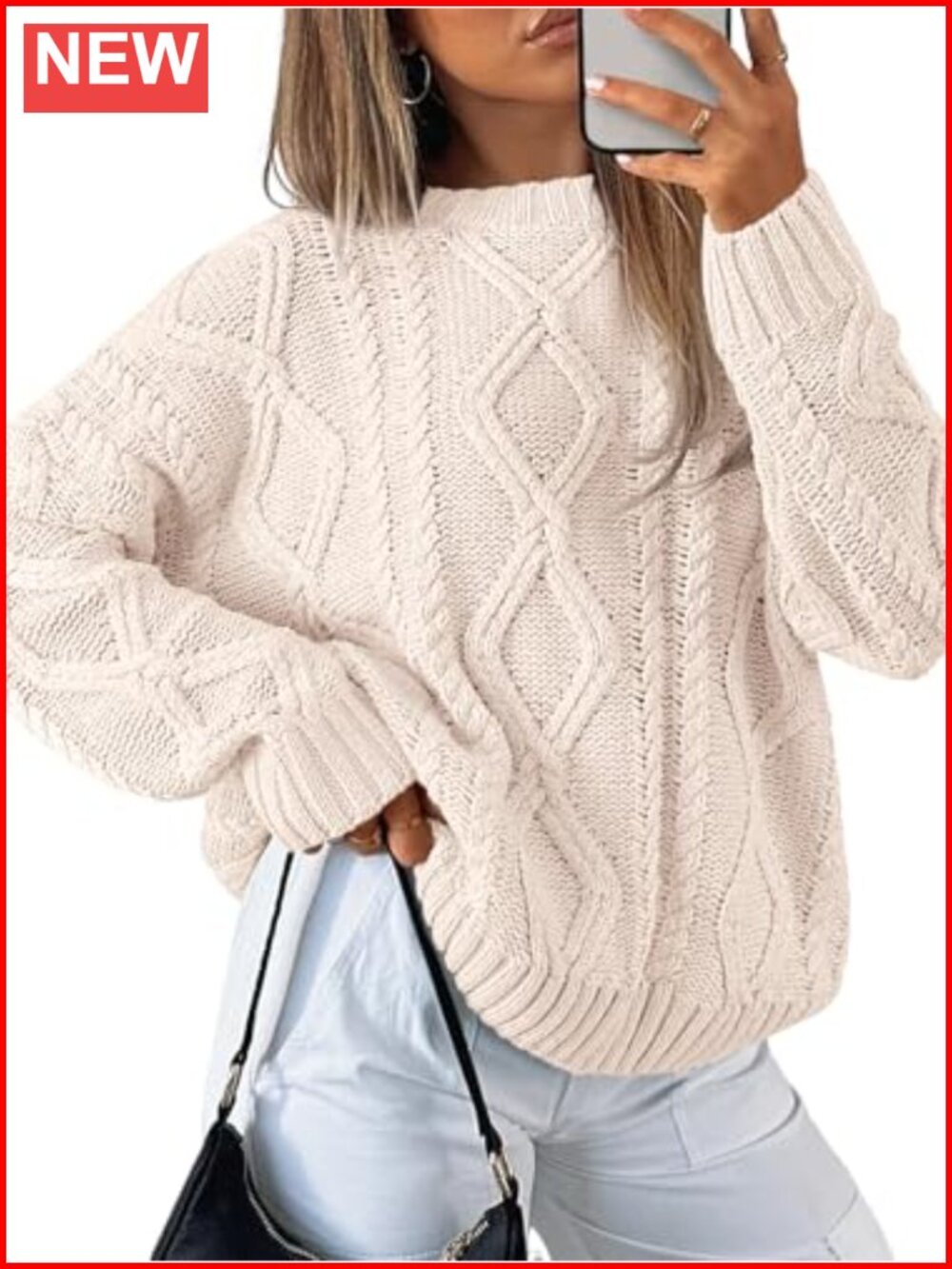 Women's Oversized Cable Knit Cotton Blend Pullover Sweater Crew Neck Long